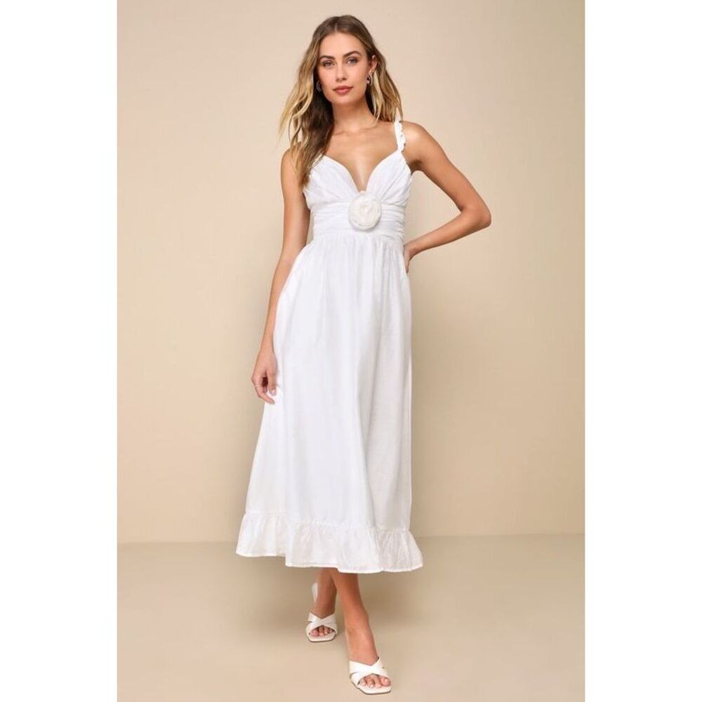 Lulus Soiree Beauty White Pleated Rosette Tiered Lace-up Midi Dress - Size M